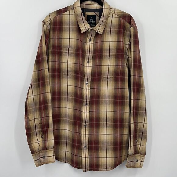 PRANA MEN'S RED BROWN GOLD CREAM PLAID WOVEN SHIRT - Picture 1 of 9
